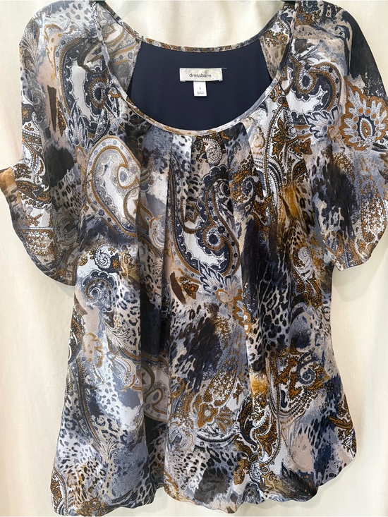 Dress Barn Tops - Dress Barn Navy, White and Gold Paisley Sheer Blouse